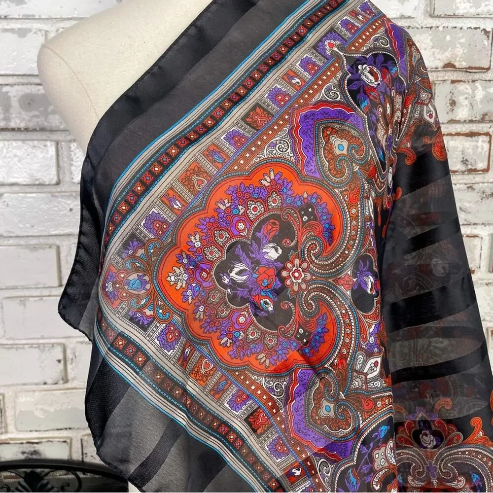 Vintage Black Purple Red Italian Floral Paisley Lightweight Scarf